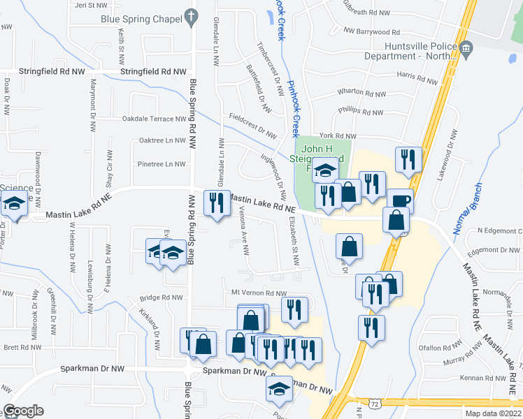 map of restaurants, bars, coffee shops, grocery stores, and more near 2411 Mastin Lake Road Northeast in Huntsville