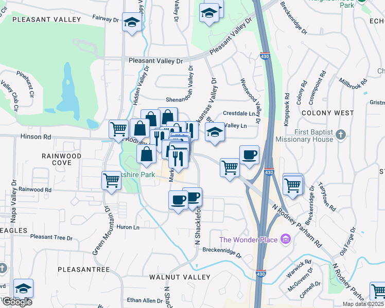 map of restaurants, bars, coffee shops, grocery stores, and more near N Rodney Parham Rd & N Shackleford Rd in Little Rock