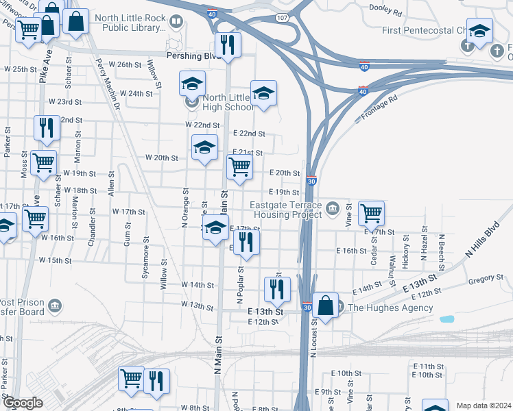 map of restaurants, bars, coffee shops, grocery stores, and more near 217 East 18th Street in North Little Rock