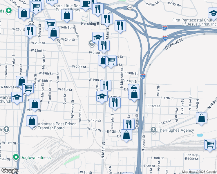 map of restaurants, bars, coffee shops, grocery stores, and more near 1802 Main Street in North Little Rock