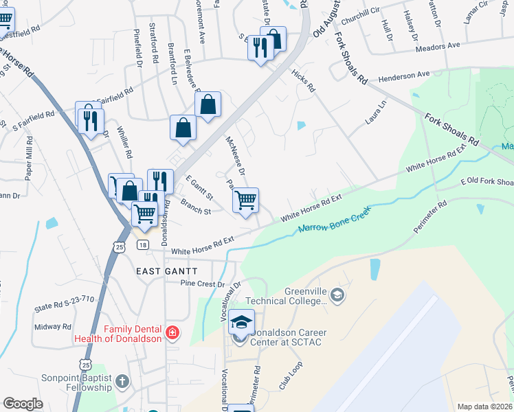 map of restaurants, bars, coffee shops, grocery stores, and more near 180 McNeese Drive in Greenville
