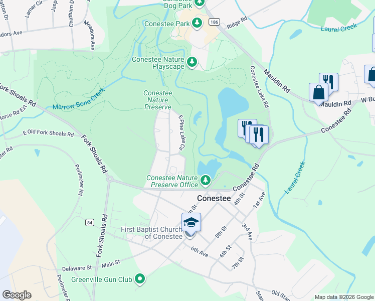 map of restaurants, bars, coffee shops, grocery stores, and more near 206 East Pine Lake Circle in Greenville