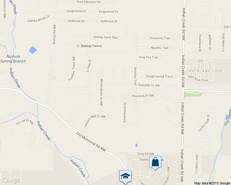 map of restaurants, bars, coffee shops, grocery stores, and more near 109 Preswick Place Northwest in Huntsville
