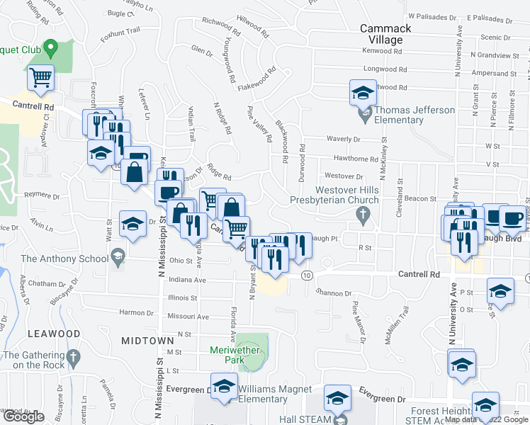 map of restaurants, bars, coffee shops, grocery stores, and more near 2104 Brownwood Road in Little Rock