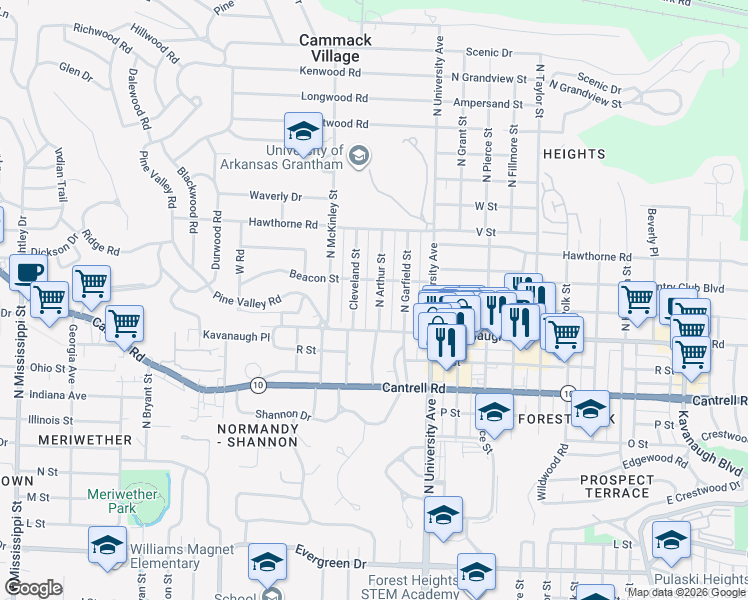 map of restaurants, bars, coffee shops, grocery stores, and more near 2104 North Arthur Street in Little Rock