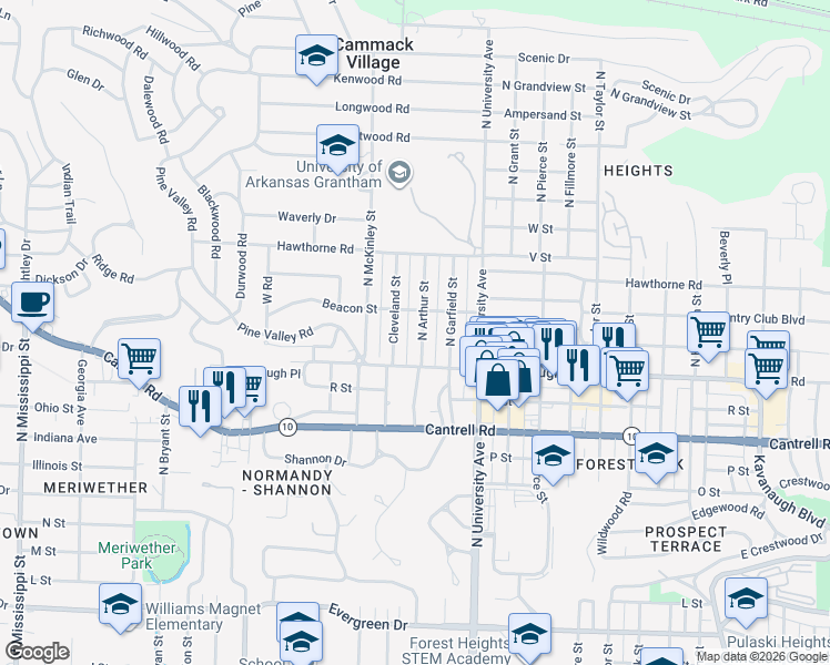 map of restaurants, bars, coffee shops, grocery stores, and more near 2104 North Arthur Street in Little Rock