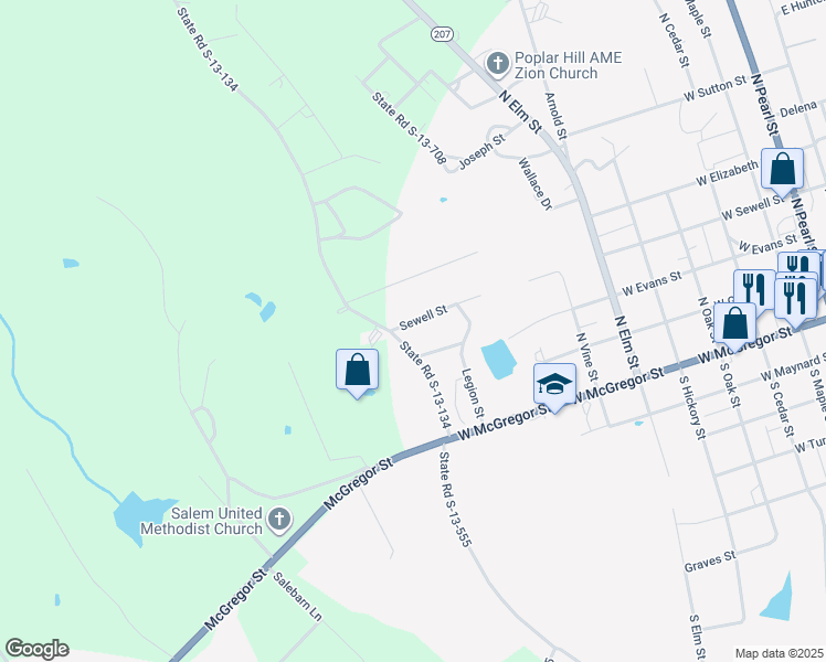 map of restaurants, bars, coffee shops, grocery stores, and more near 1017 Sewell Street in Pageland
