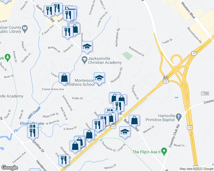 map of restaurants, bars, coffee shops, grocery stores, and more near 835 Gum Branch Road in Jacksonville