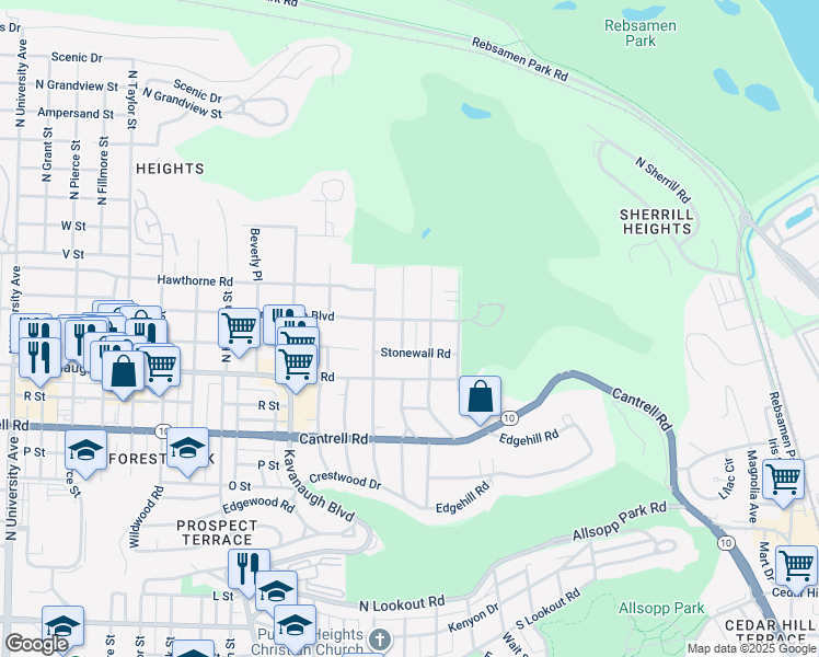map of restaurants, bars, coffee shops, grocery stores, and more near 4411 Country Club Boulevard in Little Rock