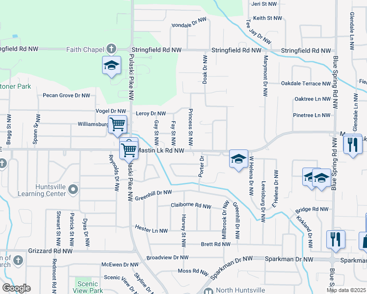 map of restaurants, bars, coffee shops, grocery stores, and more near 3402 Mastin Lake Road Northeast in Huntsville