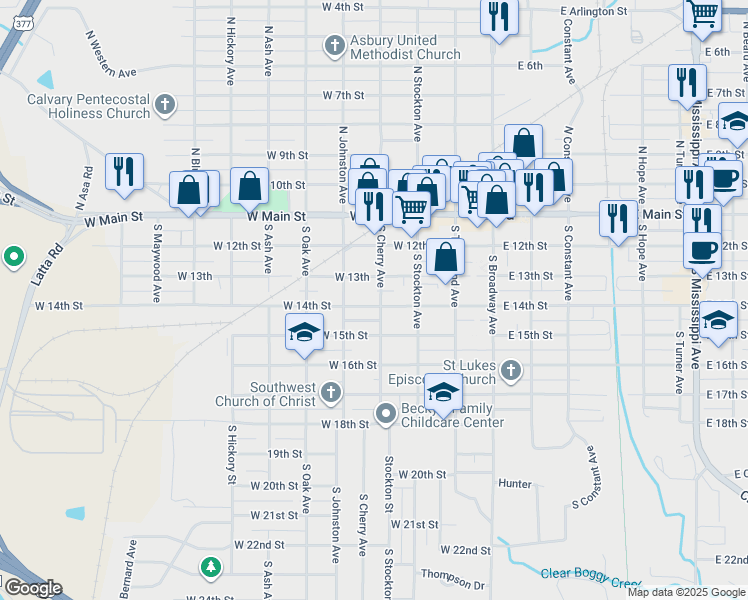 map of restaurants, bars, coffee shops, grocery stores, and more near 400 West 14th Street in Ada