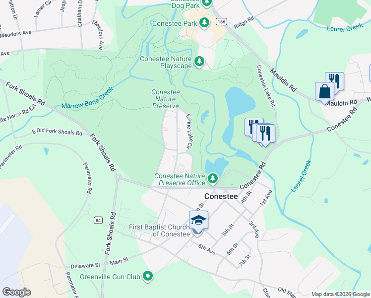 map of restaurants, bars, coffee shops, grocery stores, and more near 205 East Pine Lake Circle in Greenville