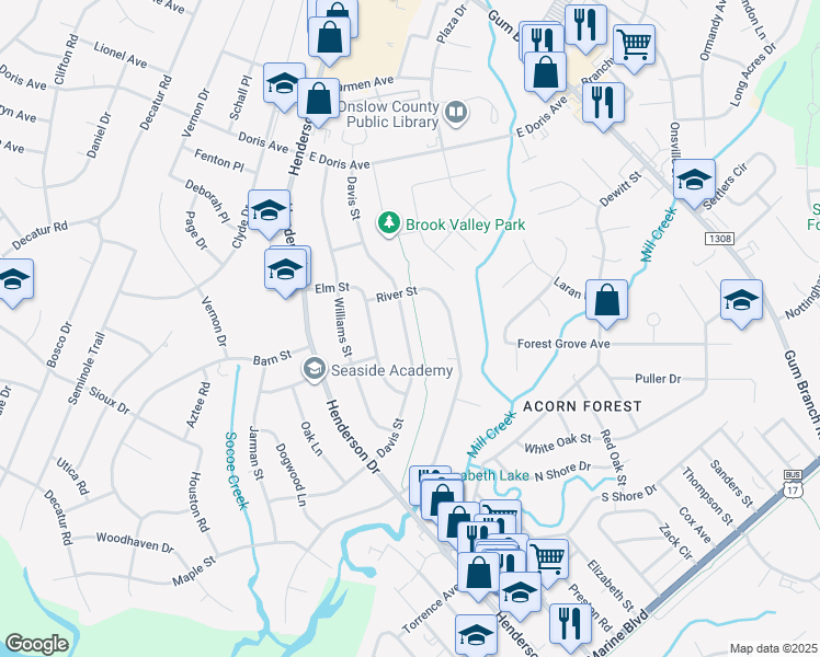 map of restaurants, bars, coffee shops, grocery stores, and more near 1236 Davis Street in Jacksonville