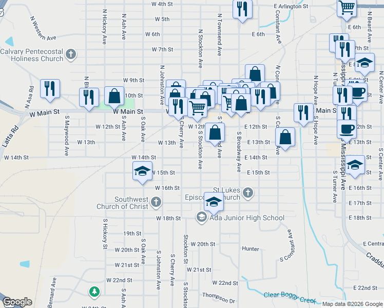 map of restaurants, bars, coffee shops, grocery stores, and more near 314 West 14th Street in Ada