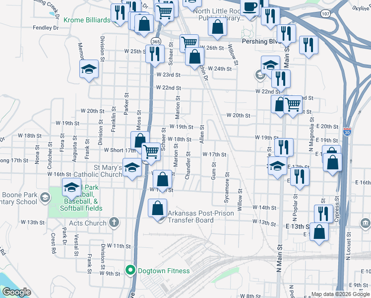 map of restaurants, bars, coffee shops, grocery stores, and more near 1711 Chandler St in North Little Rock