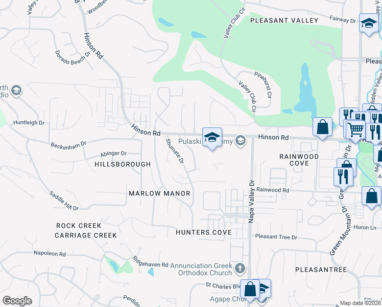 map of restaurants, bars, coffee shops, grocery stores, and more near 1804 Martha Drive in Little Rock