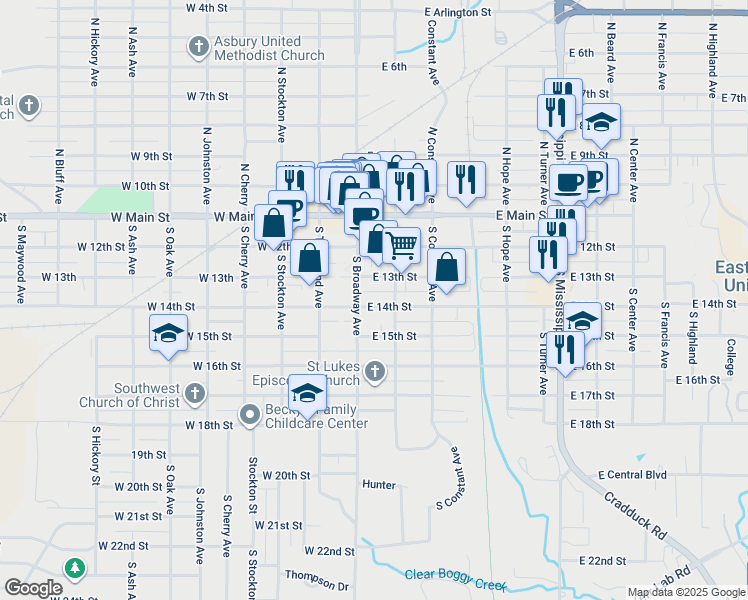 map of restaurants, bars, coffee shops, grocery stores, and more near 114 East 14th Street in Ada