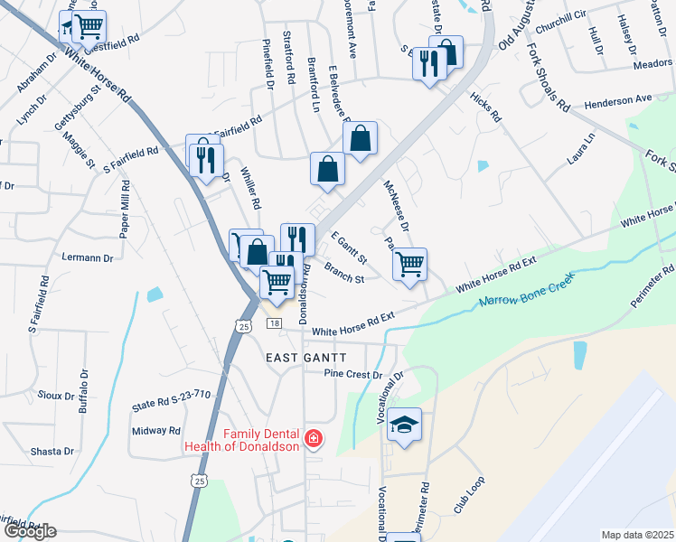 map of restaurants, bars, coffee shops, grocery stores, and more near 6A Branch Street in Greenville