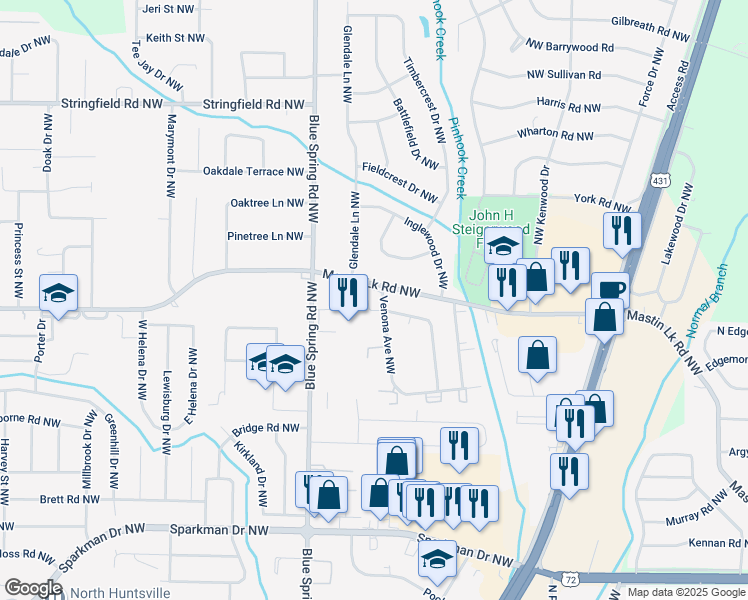 map of restaurants, bars, coffee shops, grocery stores, and more near in Huntsville