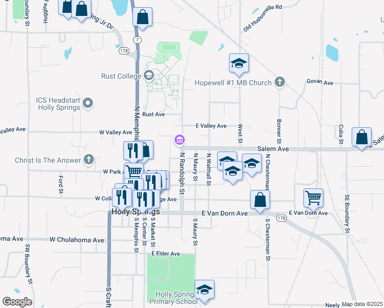 map of restaurants, bars, coffee shops, grocery stores, and more near 225 North Maury Street in Holly Springs