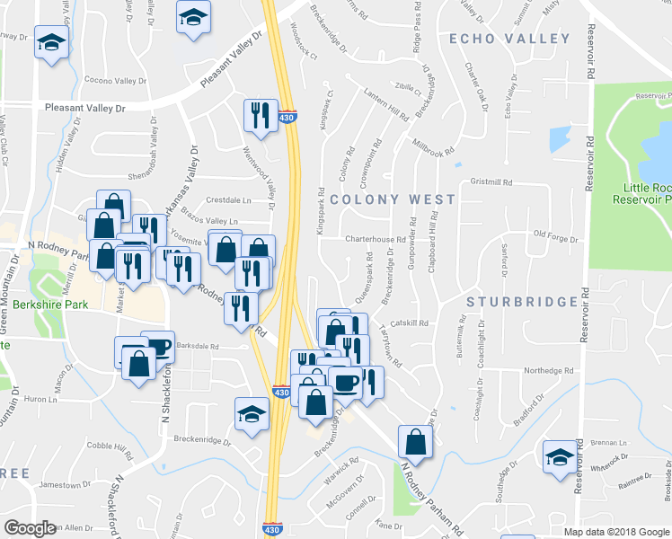 map of restaurants, bars, coffee shops, grocery stores, and more near 27 Kingspark Road in Little Rock