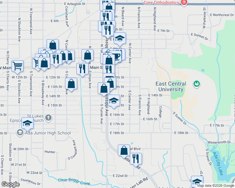 map of restaurants, bars, coffee shops, grocery stores, and more near 756 East 14th Street in Ada