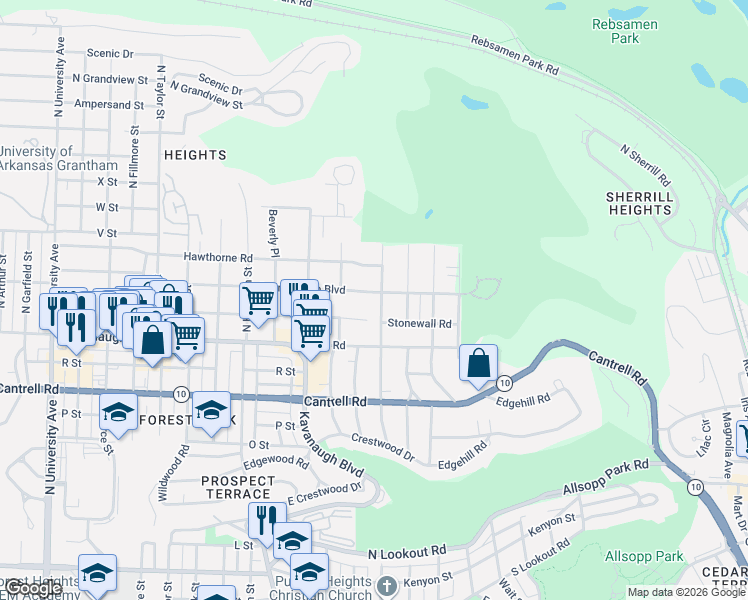 map of restaurants, bars, coffee shops, grocery stores, and more near 2120 North Spruce Street in Little Rock