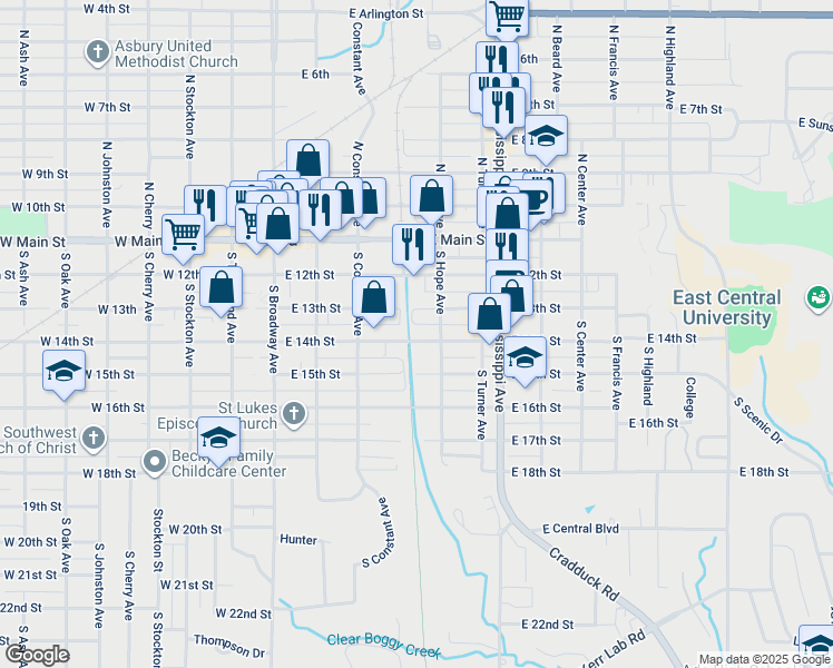 map of restaurants, bars, coffee shops, grocery stores, and more near 408 East 14th Street in Ada