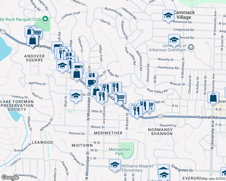 map of restaurants, bars, coffee shops, grocery stores, and more near 7320 Cantrell Road in Little Rock