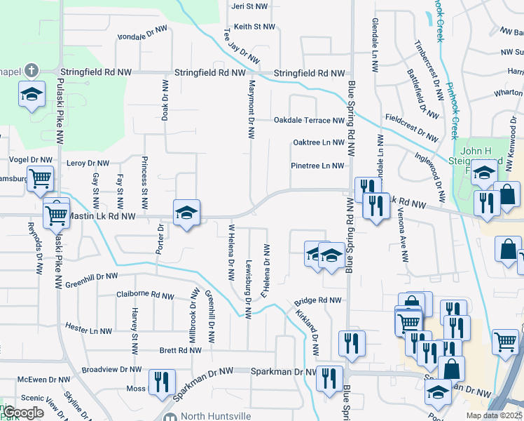 map of restaurants, bars, coffee shops, grocery stores, and more near 2813 Mastin Lake Road Northeast in Huntsville