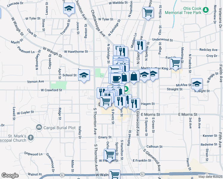 map of restaurants, bars, coffee shops, grocery stores, and more near 143-199 West Crawford Street in Dalton
