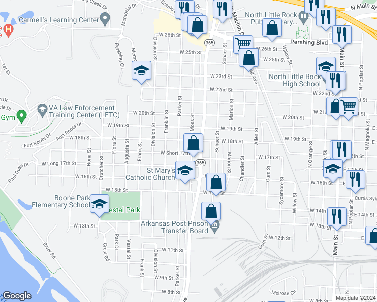 map of restaurants, bars, coffee shops, grocery stores, and more near 1725 Moss Street in North Little Rock