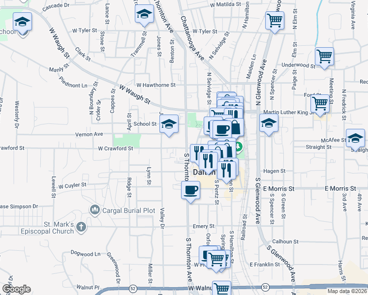 map of restaurants, bars, coffee shops, grocery stores, and more near 408 West Crawford Street in Dalton