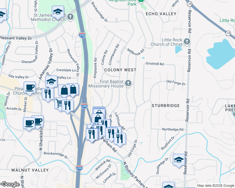 map of restaurants, bars, coffee shops, grocery stores, and more near 1811 Breckenridge Drive in Little Rock