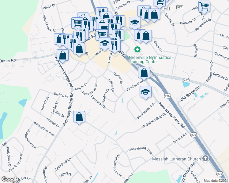 map of restaurants, bars, coffee shops, grocery stores, and more near 117 Lanier Lane in Mauldin
