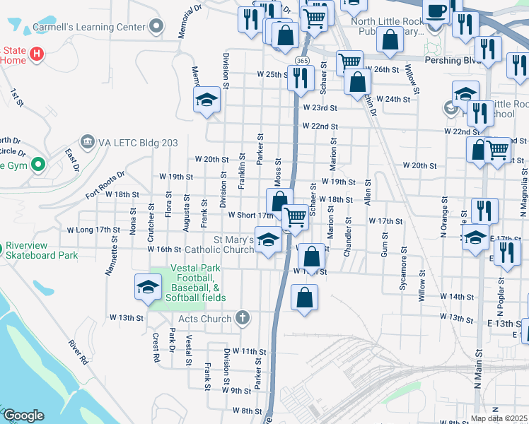 map of restaurants, bars, coffee shops, grocery stores, and more near 1725 Moss Street in North Little Rock