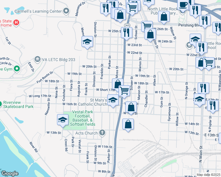 map of restaurants, bars, coffee shops, grocery stores, and more near 1725 Moss Street in North Little Rock