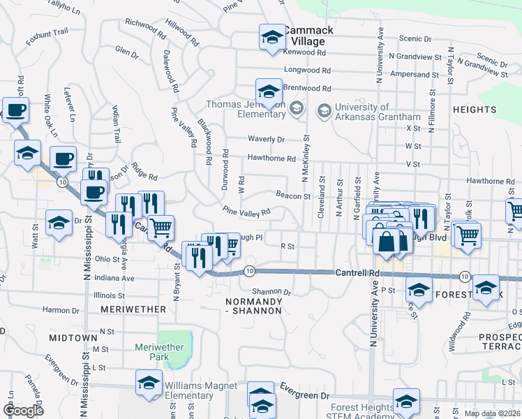 map of restaurants, bars, coffee shops, grocery stores, and more near 220 Pine Valley Road in Little Rock
