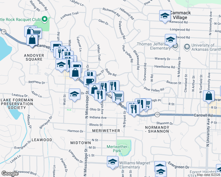 map of restaurants, bars, coffee shops, grocery stores, and more near 7320 Cantrell Road in Little Rock
