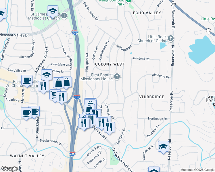 map of restaurants, bars, coffee shops, grocery stores, and more near 1811 Breckenridge Drive in Little Rock