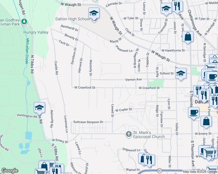 map of restaurants, bars, coffee shops, grocery stores, and more near 1105 West Crawford Street in Dalton