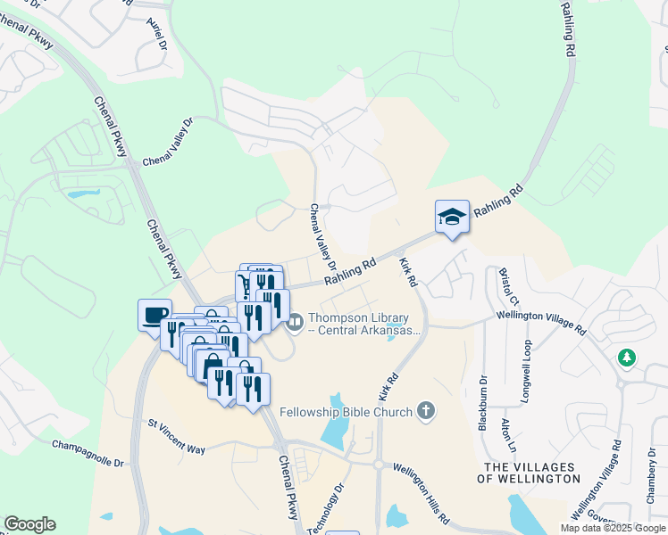 map of restaurants, bars, coffee shops, grocery stores, and more near 16439 Chenal Valley Drive in Little Rock