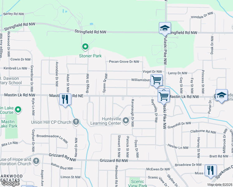 map of restaurants, bars, coffee shops, grocery stores, and more near 3808 Mastin Lake Road Northeast in Huntsville