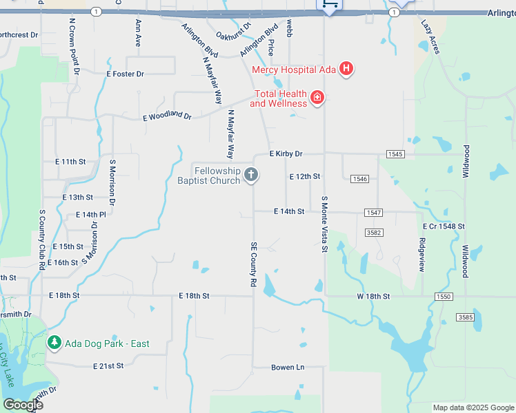 map of restaurants, bars, coffee shops, grocery stores, and more near 334 Southeast County Road in Ada