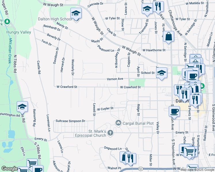 map of restaurants, bars, coffee shops, grocery stores, and more near 912 West Crawford Street in Dalton