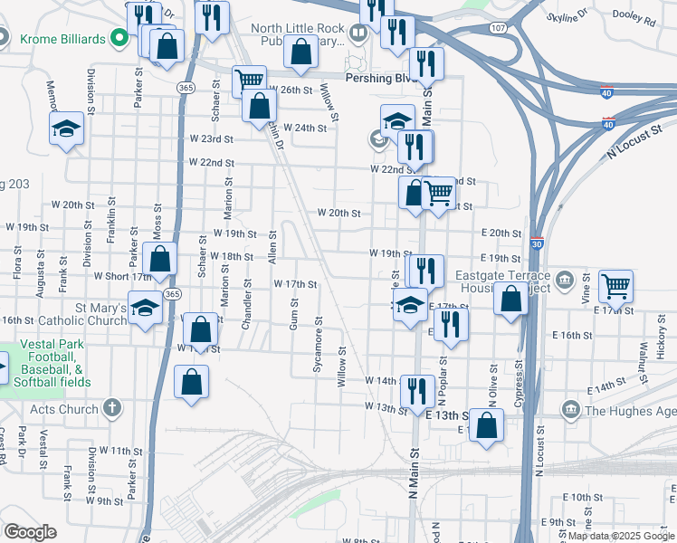 map of restaurants, bars, coffee shops, grocery stores, and more near 319 West 18th Street in North Little Rock