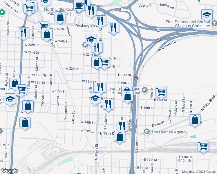 map of restaurants, bars, coffee shops, grocery stores, and more near 217 East 18th Street in North Little Rock