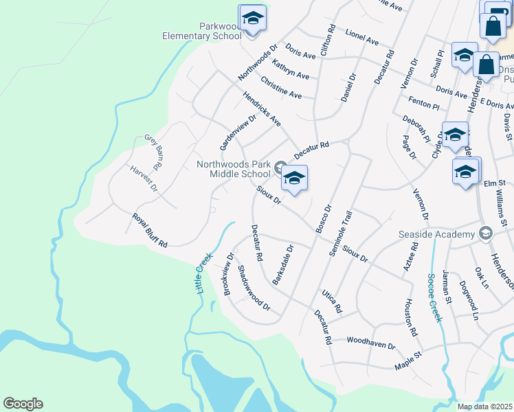 map of restaurants, bars, coffee shops, grocery stores, and more near 706 Decatur Road in Jacksonville