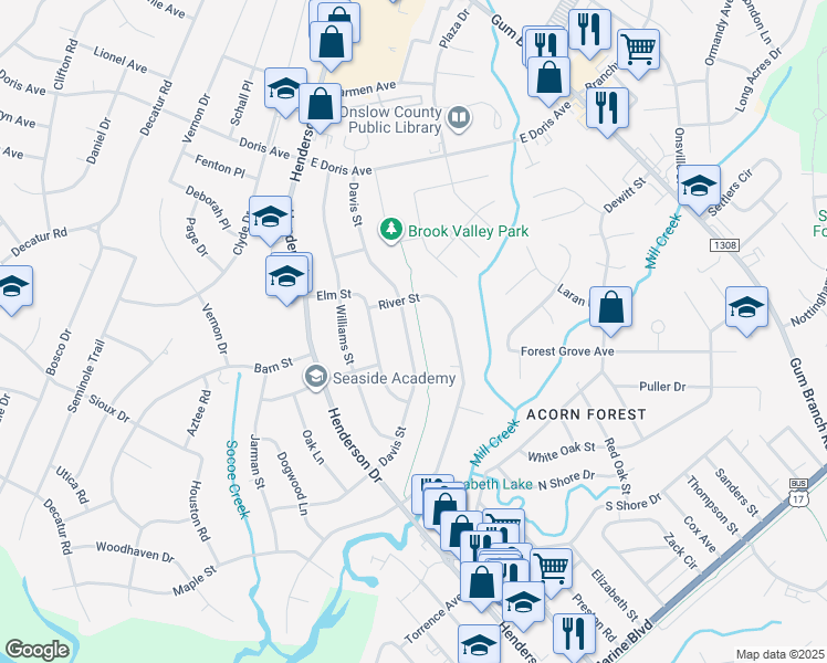 map of restaurants, bars, coffee shops, grocery stores, and more near 1236 Davis Street in Jacksonville