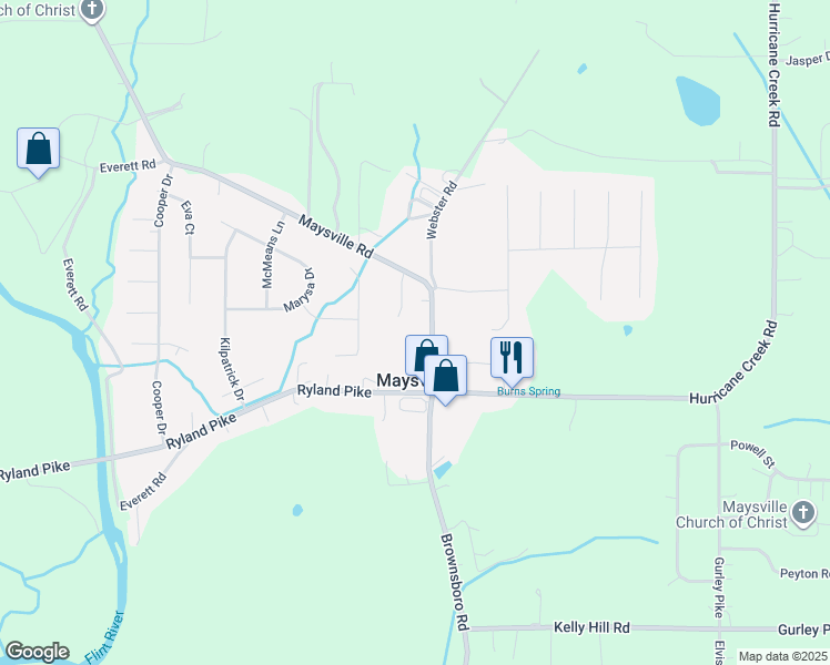 map of restaurants, bars, coffee shops, grocery stores, and more near 1389 Ryland Pike in Huntsville